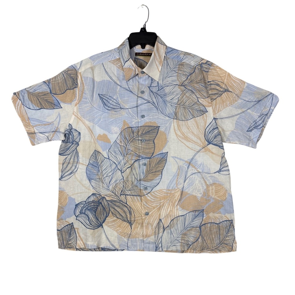 Cubavera Mens XL 100% Linen Short Sleeve Button Down Shirt Floral Leaf Print